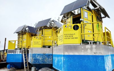Floating LIDAR buoys waiting to be checked before being launched to be towed to locations in the Celtic Sea