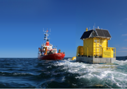 Our second Floating LIDAR buoys being towed out of Falmouth Harbour by local marine contractor KML